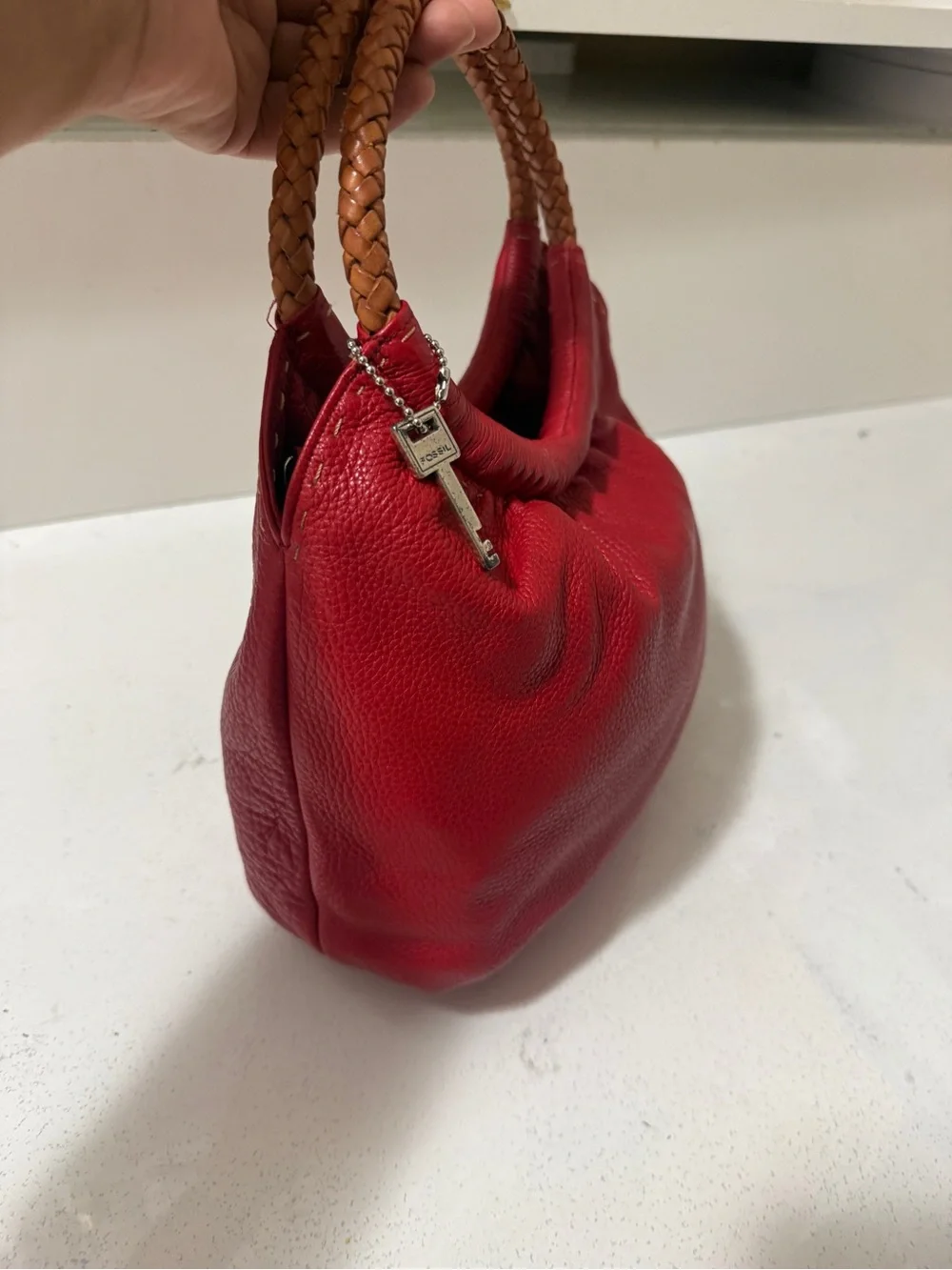 Fossil Red Leather Handbag with Braided Handles